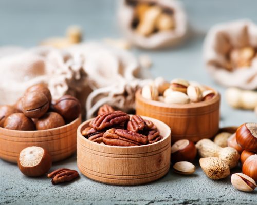 nuts on a table, different kind of nuts